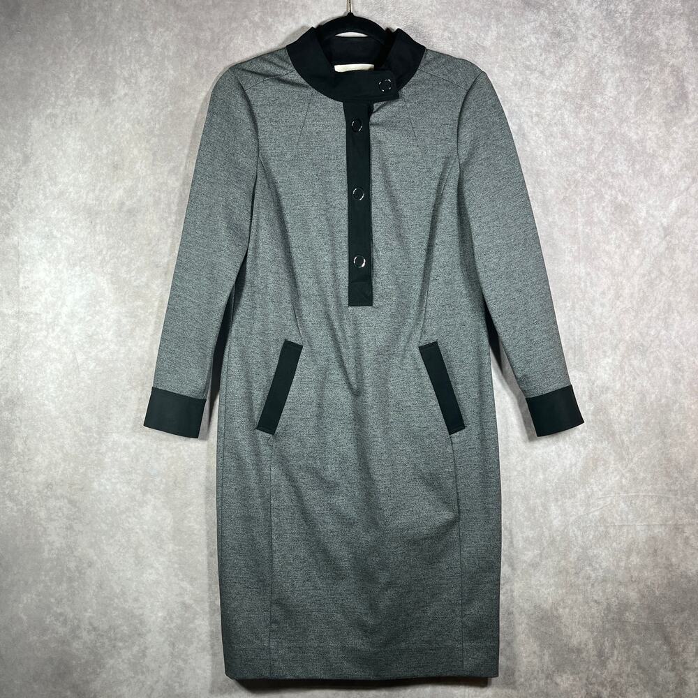 Etcetera Dress Womens 2 Gray Black Long Sleeves Button Front Midi Career Modern